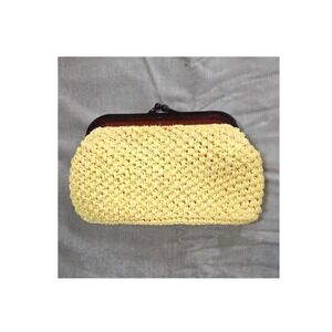 Vintage Yellow Woven Straw Raffia Clutch Bag Tortoiseshell Frame Made Hong Kong